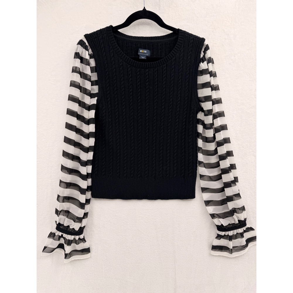 Maeve Anthropologie Black Cable Knit Mixed Media Striped Sheer Sleeve Sweater M